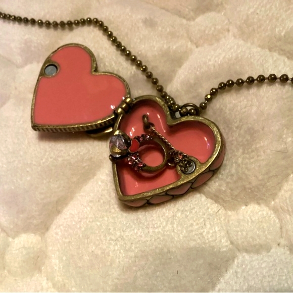 Betsey Johnson pink heart locket with engagement ring inside on gold tone chain - Picture 3 of 5